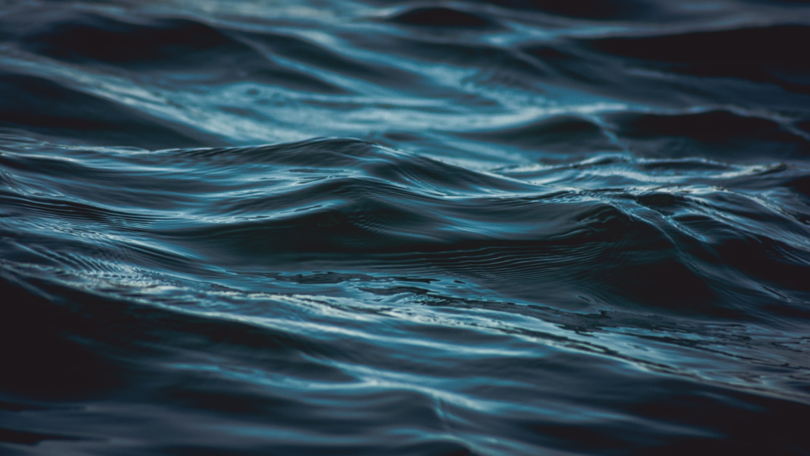 Abstract close view of a dark blue-green water surface in low rolling swells