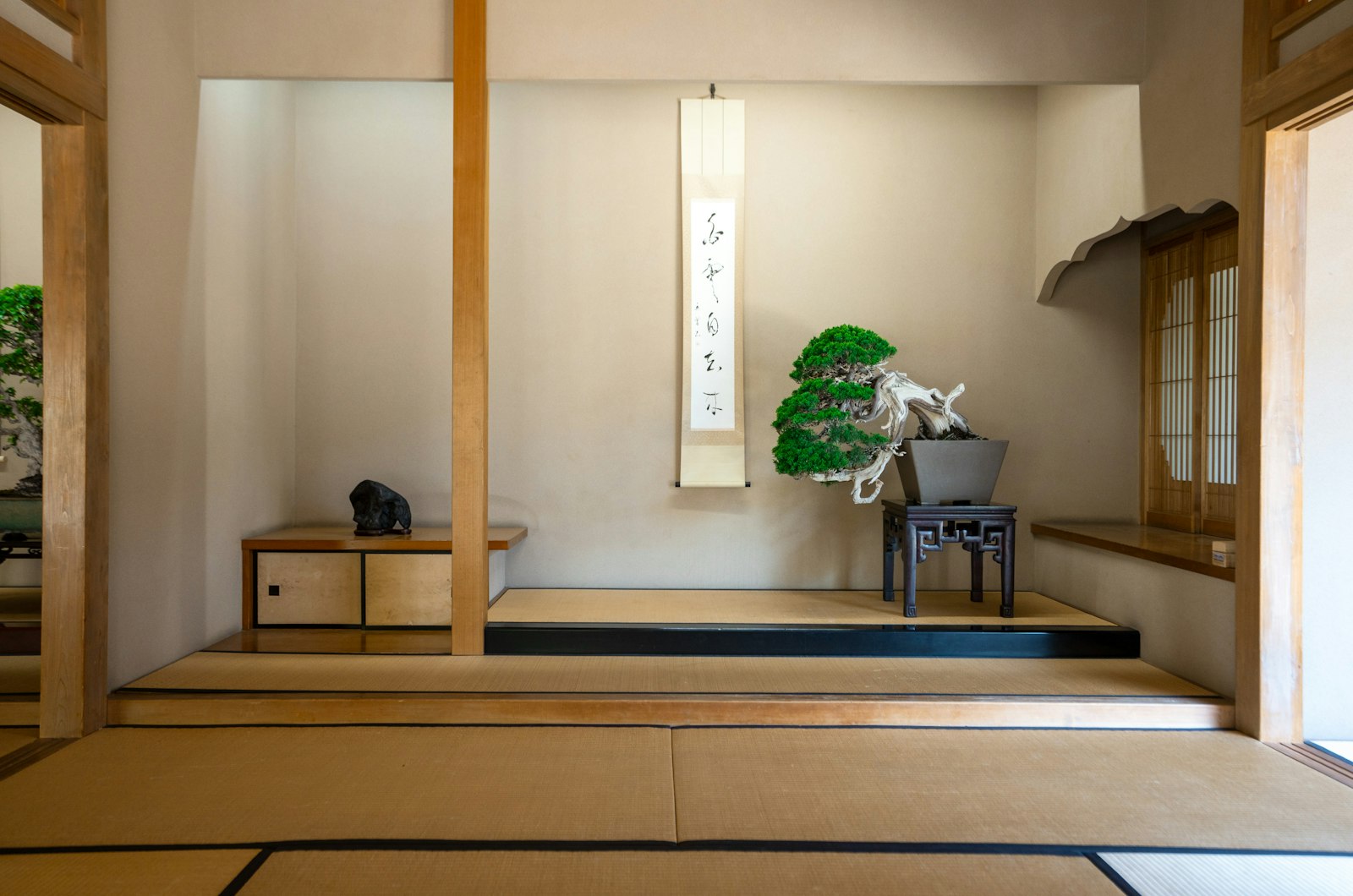 A tatami room with a hanging calligraphy scroll on a plain plaster wall, a bonsai pine on a dark stand beside it, framed by light timber posts